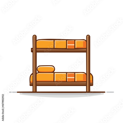 Cartoon vector illustration of a comfortable wooden bunk bed with orange mattresses and pillows