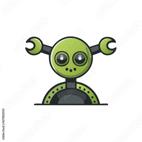 Cute cartoon green alien robot with mechanical arms and big eyes