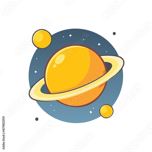 Cartoon planet with rings and moons in a starry night sky