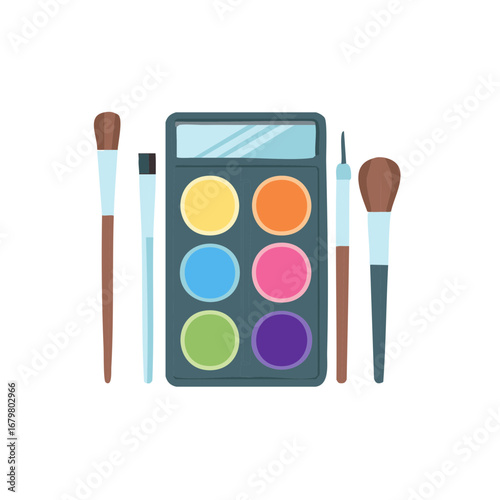 Colorful makeup palette with various brushes for applying beauty products, cosmetics and enhancing appearance.