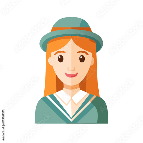 Smiling red haired woman character wearing a teal hat and matching top in a friendly flat design illustration