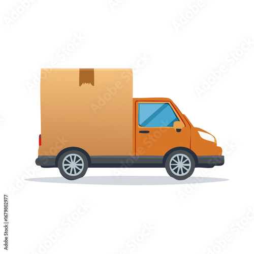 Orange Delivery Van Carrying Large Cardboard Box for Transport