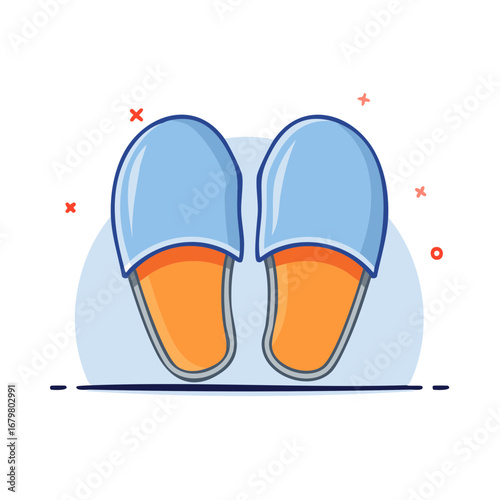 Cartoon style hotel slippers in blue and orange simple shoe illustration