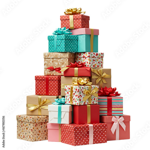 Stack of colorful gift boxes isolated on transparent background