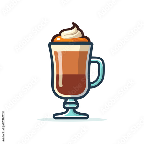 Layered Coffee Drink with Whipped Cream Topping in Glass Mug Illustration