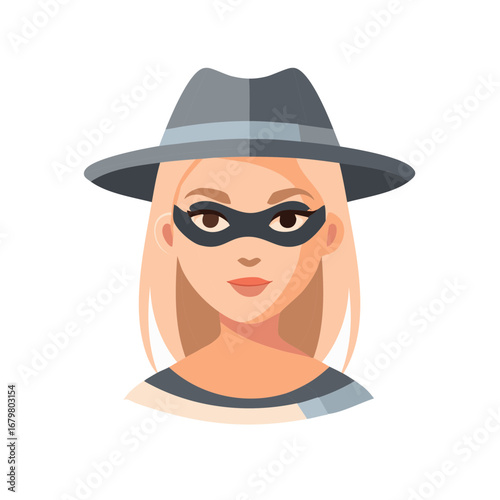 Portrait of a stylish blonde woman wearing a fedora and a black eye mask concealing her identity mystery and intrigue