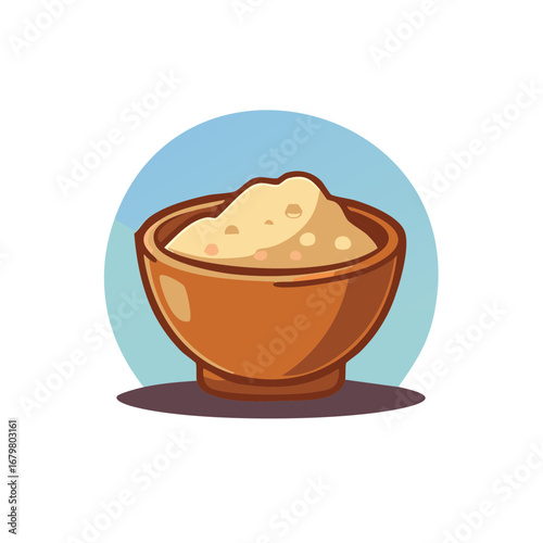 Cartoon illustration of a bowl of powder with a blue and white background