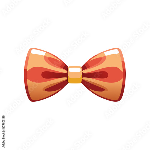 Stylish orange and red patterned bow tie with a golden center knot, a glossy cartoon vector illustration