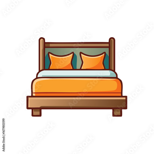 Stylized Double Bed with Orange Bedding and Pillows for Comfort and Rest Vector Illustration