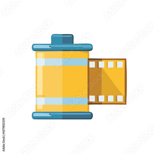 Analog photography film roll icon with 35mm canister and film strip vector illustration