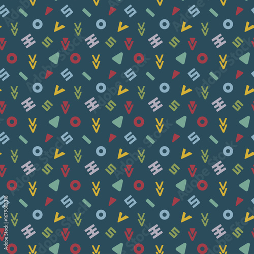 A cozy dark Scandinavian doodle pattern made of various small geometric elements. A seamless abstract background with shapes. A cute winter, festive print for wrapping paper, banners, and textiles.