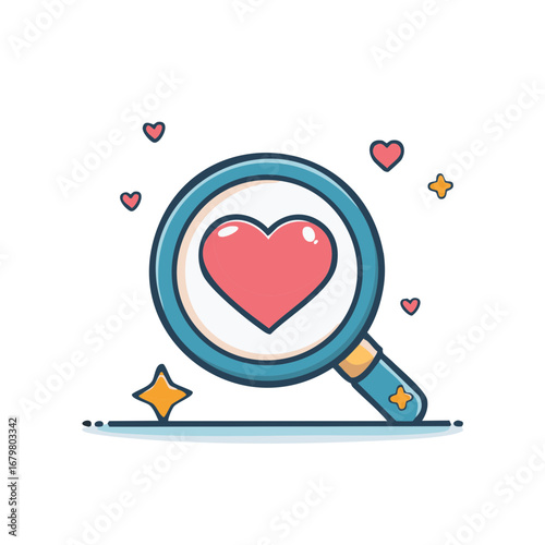 Magnifying glass showing a heart surrounded by smaller hearts and stars, representing love and search