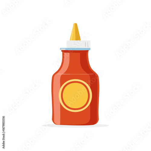 Red Ketchup Bottle with Yellow Label and Dispenser Cap