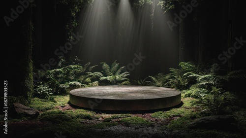 A spotlighted, round, concrete platform sits in the middle of a lush forest floor