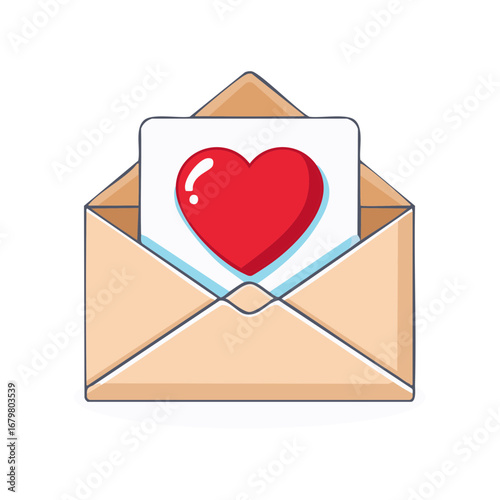 Open love letter with heart on card design. Illustration of romance, communication, and Valentine's Day.