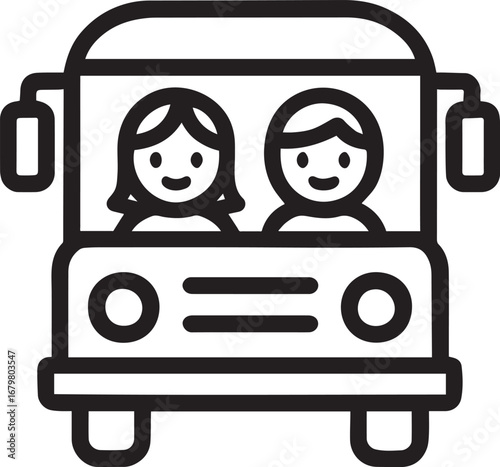 School bus with kids line vector icon