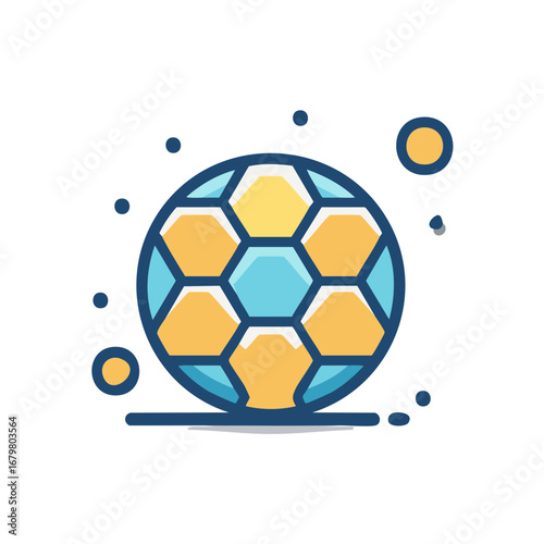 Stylized soccer ball with blue and yellow panels and small circular accents