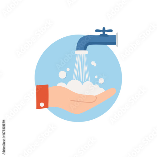 Washing Hands with Soap Under a Faucet for Hygiene and Sanitation to Prevent Coronavirus and Other Diseases. Vector Illustration