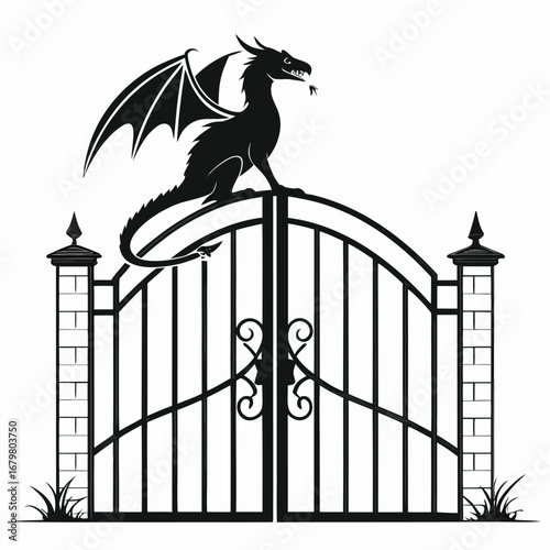 Dragon perched on shattered gate silhouette