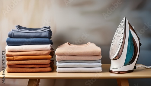 ironing board at home with iron and stacked clean clothes