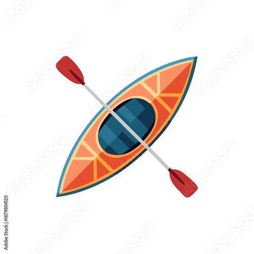 Colorful flat design kayak and paddle illustration from top for water sports and outdoor recreation adventure