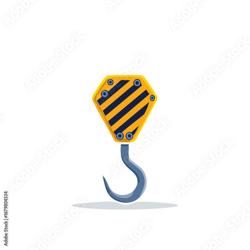 Cartoon illustration of a yellow and black striped construction crane hook.
