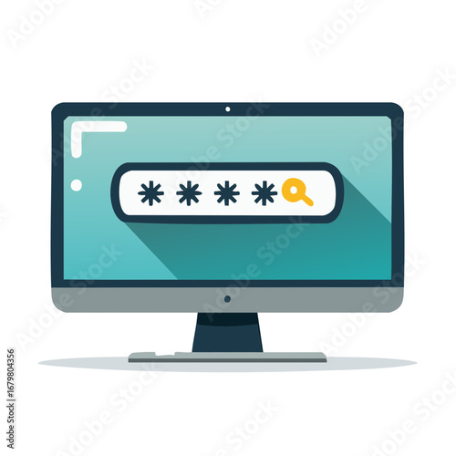 A computer screen displays a password field obscured by asterisks with a search icon suggesting input verification