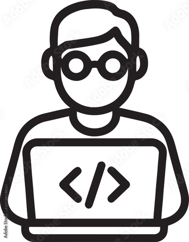 Student coding on laptop line vector icon