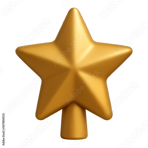 3D plastic golden star tree topper icon with radiant points and metallic shine isolated on transparent background for christmas design
