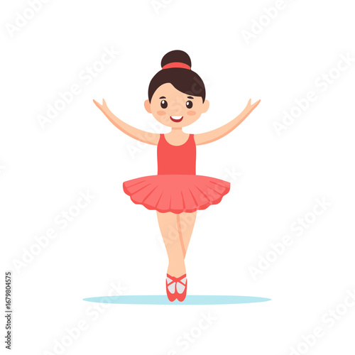 Cartoon Ballerina in Red Tutu Performing Ballet Dance Position with Arms Raised