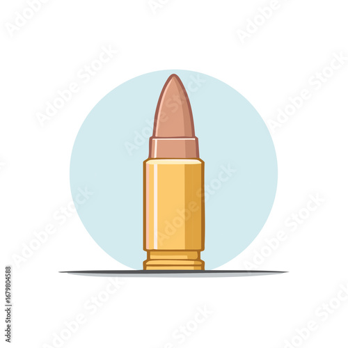 Stylized bullet illustration with copper tip and brass casing isolated on a blue circle.