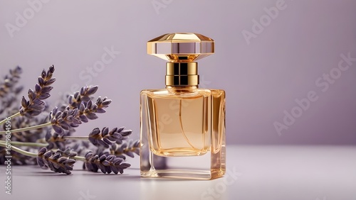 Elegant Golden Perfume Bottle on Pastel Lavender Background A Luxury Fragrance Mockup