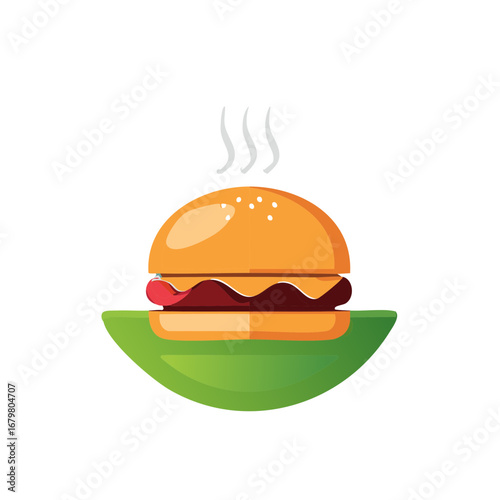 Delicious cartoon hamburger with steam rising above. Isolated on white background with green plate