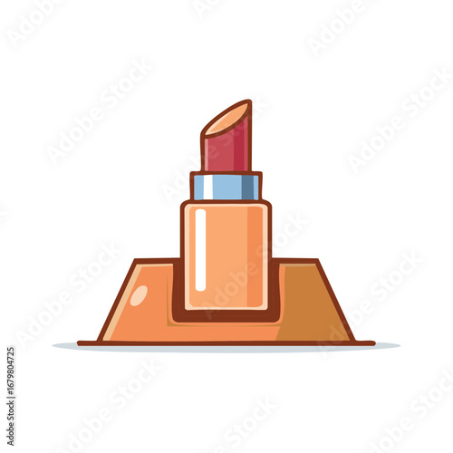 Open red lipstick in a cosmetic case on a display stand cartoon vector illustration