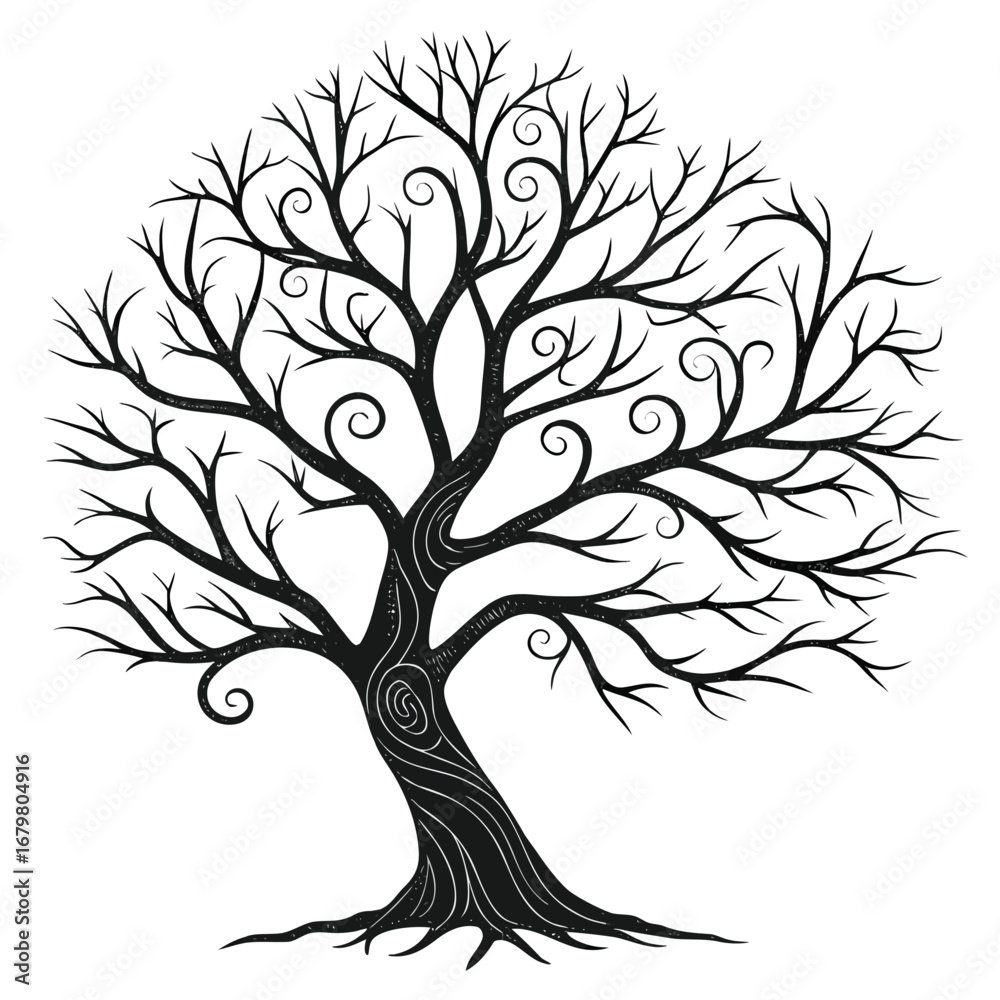 Obraz premium Tree branches weaving spiral flame silhouette