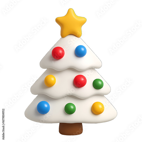 3D plastic white Christmas tree icon with vibrant ornaments and star topper isolated on transparent background for festive design projects