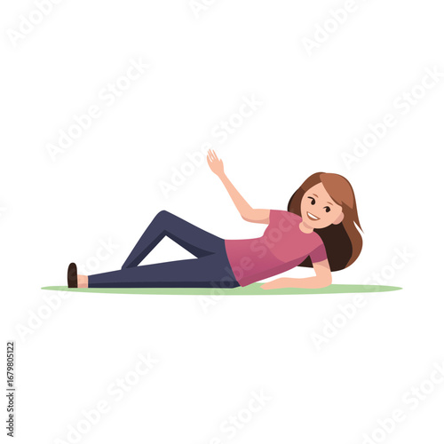 Smiling woman lying down on green grass and waving her hand