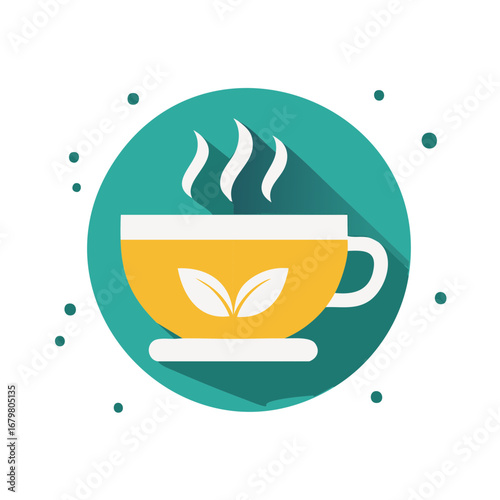 Yellow cup of hot herbal tea with steam in flat design style