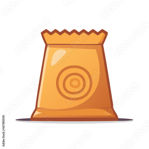 Cartoon brown paper bag with circular pattern and jagged top edge