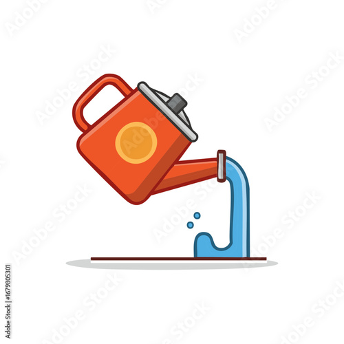 Orange watering can pouring blue water into a pipe with splashing drops