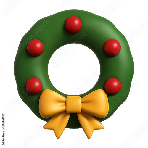 3D plastic Christmas wreath icon with glossy red berries and metallic golden bow isolated on transparent background for festive projects