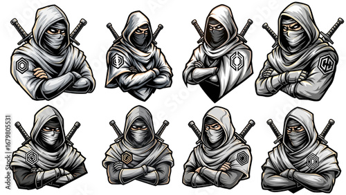 Silver Hooded Warrior Logo Set – Esports Ninja Mascot with Folded Arms, Dual Swords, and Geometric Badge