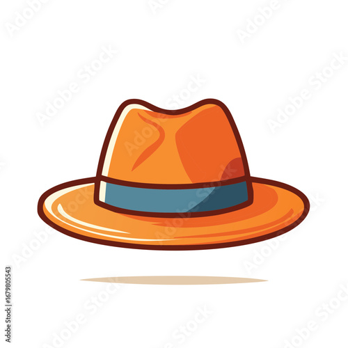 Orange Fedora Hat Illustration with Blue Ribbon and Shadow