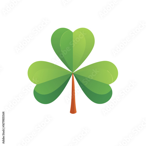 Vibrant green shamrock luck symbol with stylized heart shaped leaves and brown stem