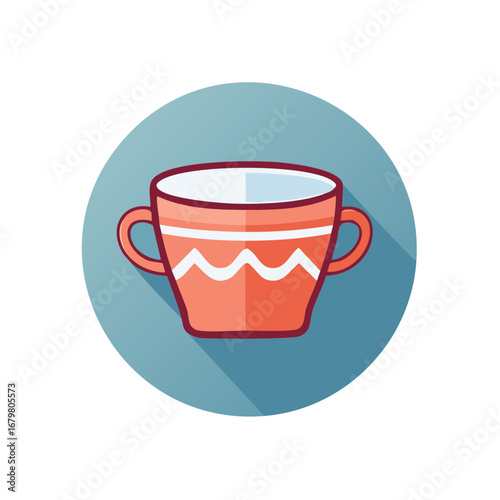 Decorative Red Two-Handled Mug Icon with Wavy Pattern, Flat Design Style, and Long Shadow Effect