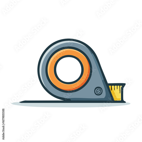 Cartoon tape measure tool with metal casing and yellow tape extending onto a surface