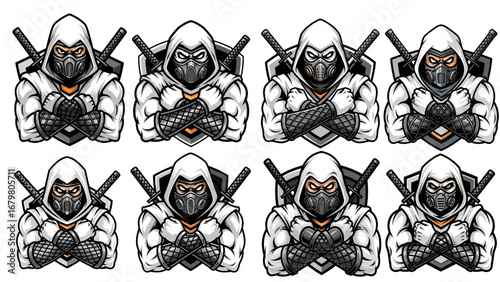 White Hooded Ninja Logo Set – Esports Mascot with Respirator Mask, Crossed Arms, Katanas, and Gray Shield