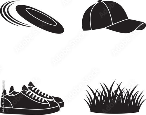 Active lifestyle accessories on white background featuring frisbee hat shoes and grass patch