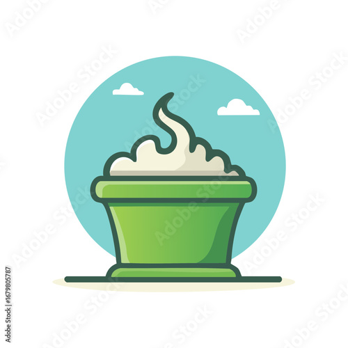 Festive green pot filled with creamy white whipped topping against a light blue sky with clouds