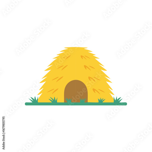 Cartoon haystack shelter icon with an entrance on green grass for farm and agriculture concepts